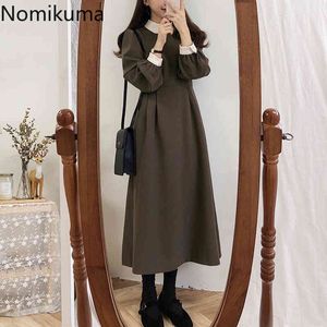 NOMIKUMA VESTIDOS MUJERコントラストカラー長袖ドレス女性スリムウエストビンテージAラインドレスファッション韓国風3C637 210514