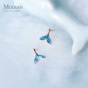 Fashion Blue Stripe Enamel Mermaid Tail Stud Earrings 100% 925 Sterling Silver Exquisite Jewelry For Women Accessories 210707