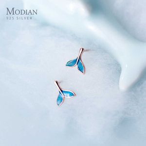 Moda Blue Stripe Enamel Mermaid Tail Stud Kolczyki 100% 925 Sterling Silver Exquisite Biżuteria dla kobiet Akcesoria 210707