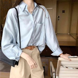 Queda de Hong Kong Estilo Vintage Camisa Longa Mulheres Manga Completa Blue Blouse Escritório Senhora Plus Size Loose 4XL Tops Blusas 12357 210417