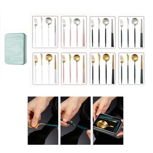 4pcs / set Portable Designware Stainless Steel Travel Cutlery Folding Bestick Kniv Gaffel Sked Chopsticks With Case for Outdoor Picnic Office KDJK2104