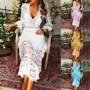 Casual Dresses Elegant Prom Dress Sexy Hollow Perspective V-Neck Lace Stitching Long Sleeves Robe De Soire Mariage Robes Cocktail