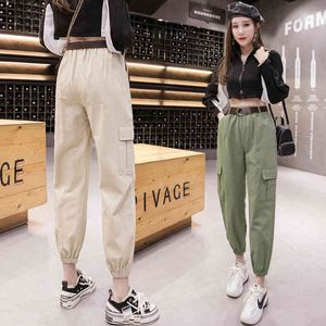 Kobiety Cargo Spodnie Wiosna Lato Moda Kobiet Wysoka Talia Luźne Harem Pant Pocket Casual Spodnie Streetwear z pasem 210423