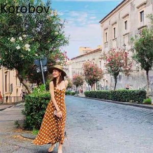 Korobov Coreano Chique Retro Feriado Praia Vestido de Impressão High Wasit Hip Yellow Dot Camis Vestido Sexy Sem Mangas Ropa Mujer 210430