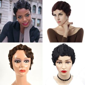 6 Inches Vintage Wigs Short Finger Wave Malaysian Human Hair Wig for Black Woman Natural Color Dark Brown 99j