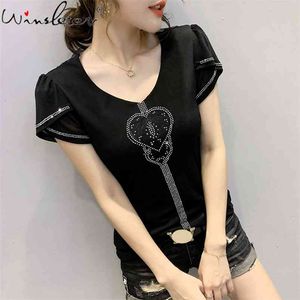 Pamuk Yaz Kısa Kollu Kelebekler Elmas Moda Lady T-Shirt Tops Bayanlar Seksi Backless Retro Kadın Tee Tshirt T06003B 210421