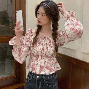 Women's Blouses & Shirts Chiffon Blouse Women Floral Print Long Sleeve Casual Tops Square Neck Vintage