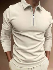 Autumn Casual Polo Shirt Mens Fashion Print Solid Plaid Pattern Long Sleeve Zipper Slim Fit Polos Shirts for men Plus Size Tops