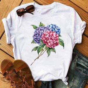 Kvinnors T-shirt Fashion Flower Print T Shirt Casual Graphic O-Neck Kawaii Tshirts 90s Streetwear Ladies Girls Tees Top X0527