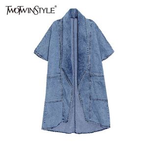 Twotwinstyle lösa patchwork pocket denim gräv för kvinnor v nacke halv ärm casual lös jacka kvinnlig mode kläder 210517