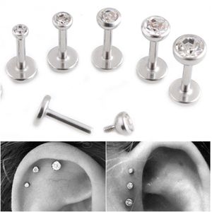 Gem Lip Stud Cartilage Helix Tragus Clear Crystal Oor Labret Piercing Earring Bar Intern Threaded 16G Diamant Lip Ring Lot Chirurgisch Staal