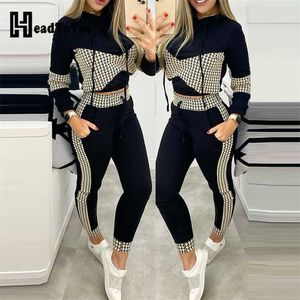 Houndstooth Print Colorblock Hooded Crop Tops Skinny Pants Set Kvinnor Två styck 211105