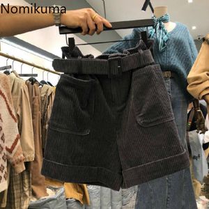 Nomikuma Neue Cord Frauen Shorts Koreanische Gürtel Hohe Taille Breite Bein Kurze Kausal Solide Herbst Winter Böden Femme 6D141 210427