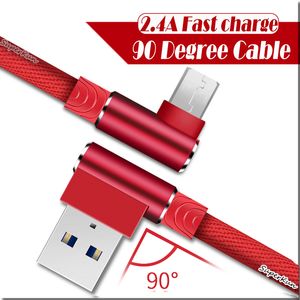 Плетеная 90 градусов Правый угол Micro USB Тип C Кабели 2.4A Прочный зарядное устройство быстрого питания для Moblie Phone 1M 2M 3M