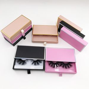 Caixas de lash de gaveta de corrediça de retângulo vazio Caixa de pílulas cor-de-rosa de glitter para cílios naturais de 25mm de olho wispy