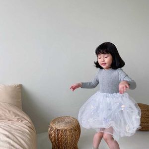 Frühling Herbst Mädchen Baumwolle Langarm Patchwork Mesh Tutu Kleid 3 Farben koreanischen Stil Prinzessin für Baby 210615