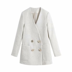 Elegant Women Tweed Blazer Fashion Ladies V-Neck Breasted Double Jacket Streetwear Female Chic Pocket Solid White Coats 210427
