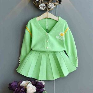 Outono meninas outfits letra flor bordado malha pérola camisola cardiganpleated saia princesa vestuário conjunto crianças roupas 210715