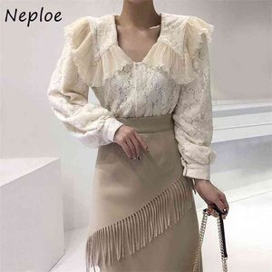 Lace Hook Flower Single Breasted Women Blouse Sweet Peter Pan Collar Femme Blusas Korean Style Chic Vintage Shirts 210422