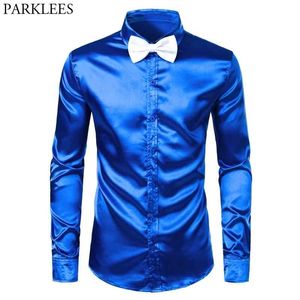 Camisas de vestido de seda azul real dos homens com bowtie branco magro cabe manga longa homens camisa de smoking para festa casamento 3xl 210522