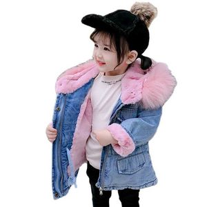 Winter Toddler Girl Denim Jacket Plus Velvet Fur Hooded Warm Girls Outerwear Parka Coat Baby Thick Coats Kids Clothes 2-7 Years H0909