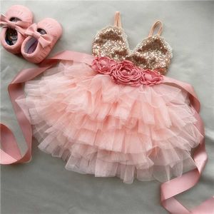 Brillanti ragazze di fiori si vestono per bambini con cintura toddle abito da festa tutu a strati con paillettes oro abbigliamento per bambini anno 210529