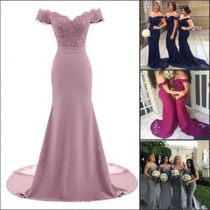 Dusty Rose Pink Brautjungfer Kleider Meerjungfrau Blumenspitze Applika Perlen gegen Hals Hochzeit Gast Abendkleider vor Schultermädchen Ehrenkleid