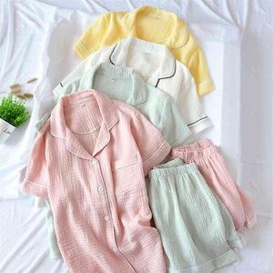 Japansk stil sommar damer bomull dubbelskikt crepe gasbind kortärmad shorts pyjamas kostym stor storlek hem service kvinnor 210809