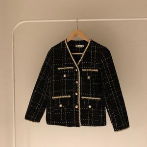 Jaquetas femininas jaquetas femininas coreano luxo designer casaco de lã mulheres preto vintage v pescoço xadrez tweed botões dourados elegante escritório senhora outwear 6b7u