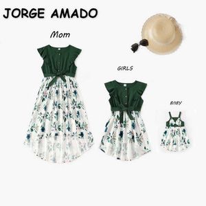 Verão família combinando roupas vestido floral ruffles arco mãe e menina e2011 210610