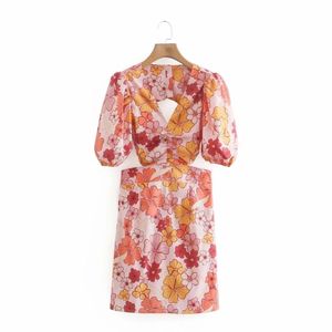 Summer Women Flower Printing Backless Mini Dress Female V Neck Puff Sleeve Clothes Casual Lady Slim Vestido D7715 210430