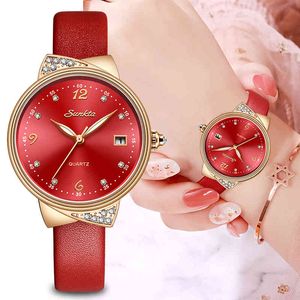 Sunkta Red Watch Женщины Мода Простые Кварцевые Часы Дамы Тонкие Кожаные Повседневные Женские Наручные Часы Девушка Часы Relogio Feminino 210517