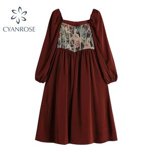 ロマンチックなフランス語のドレス春のヴィンテージの森の女の子ミッドロングフロック女性の袖ファッションルーズホリデーパーティークラブドレス210515