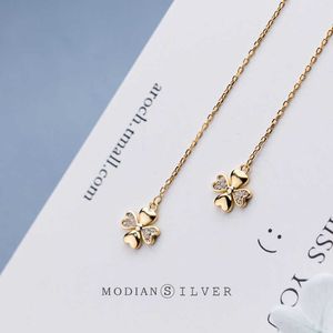Moda Gold Color Four Leaf Clover Drop Kolczyki 100% 925 Sterling Silver Charm Długie Tassel Dangle Fine Jewelry 210707