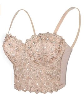 Damspets Rhinestone Bustier Crop Top Camis Clubwear Sexig Mesh Korsett Push Up BH Fashion Tankar Champagne Svart Vit XS-L