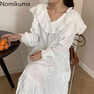 Nomikuma Korean Spring Women Dress Ruffle V-neck Flare Long Sleeve Vestidos Femme New Causal Pleated A-line Dresses 6E522 210427