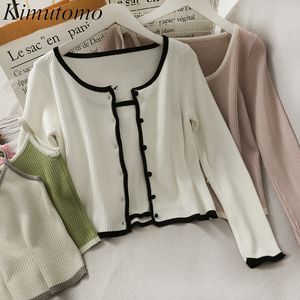 Kimutomo Primavera chique conjuntos mulheres O-pescoço manga comprida sólida Único Cardigans de peito fino + curto emagrecimento Sling Casual 210521