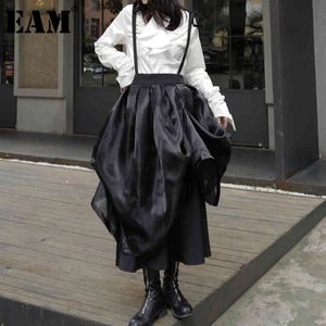 [EAM] Hohe Taille Schwarz Organza Unregelmäßigen Caual Langen Riemen Halbkörper Rock Frauen Mode Frühling Herbst 1DD7035 21512