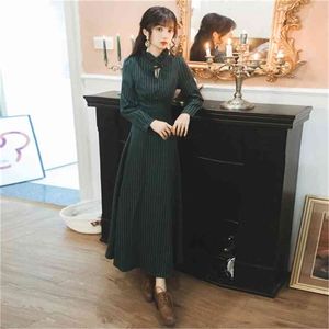 Spring Chiffon Striped Maxi Long Dress Woman Green Sleeve Female Vestidos Ankle-Length Fit and Flare Elegant Dresses 210603