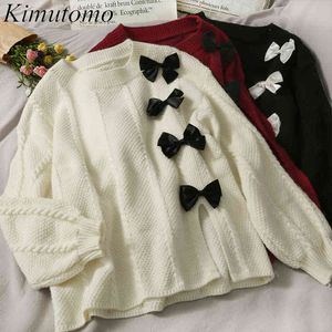 Kimutomo Chic Spring Bow вязаный свитер Женщины O-шеи сладкий сплит с длинным рукавом пуловер девушки корейские топы туалеты свободный 210521