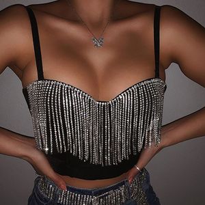 Sexy Tanks Tassel Rhinestone Nightclub Push Up Bralette With Built In Bra Cropped To Wear Out Corset Tops Female Camis Crop Top Women's