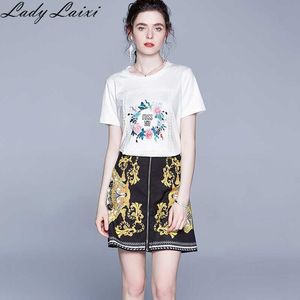 Summer High quality Runway Vintage Print 2 Piece Set Women white Tshirt Top and Mini skirt Casual Outfit 210529