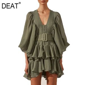 Deat sommar mode kvinnor kläder lantern ärmar v-hals pullover ruffles mini längd klänning kvinnlig vestido wr52506l 210428