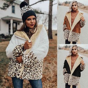 Мода теплый отворотный леопард лоскутное пятно плюшевые пальто женщины осень зима пушистый плюшевый из искусственного меха свободно кардиган куртки женщины пальто 210412