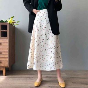 Sommar Sweet Floral Kjolar Kvinnors Koreanska Höga Midja A-Line Midi Skirt Streetwear 210421