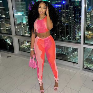 Sexy Wave Striped Mesh Sheer Two Piece Set Club Birthday Outfits for Women Matching Sets Sleeveless Crop Top and Leggings Sets Y0625