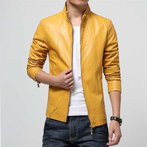 Mens Stand Collar PU Läder Jackor Coats Man Casual Slim Motorcykel Läderjacka Män Svart Vit Röd Gul Brun 5XL 6XL 211111