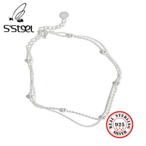 S'STEEL 925 Sterling Silver Anklets For Women Concise Beads Double-deck Chain Anklet Tornozeleira Feminina Boho Leg Fine Jewelry