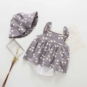 Sommar bomull ärmlös utskrift Romper + hatt 2st Kläder Barnkläder Tjejuppsättning Baby Boy Kläder för nyfödd G1023