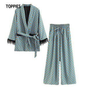 토핑 빈티지 블루 인쇄 기모노 재킷 깃털 슬리브와 넓은 다리 느슨한 chuasal 두 조각 세트 여성 homewear 210412